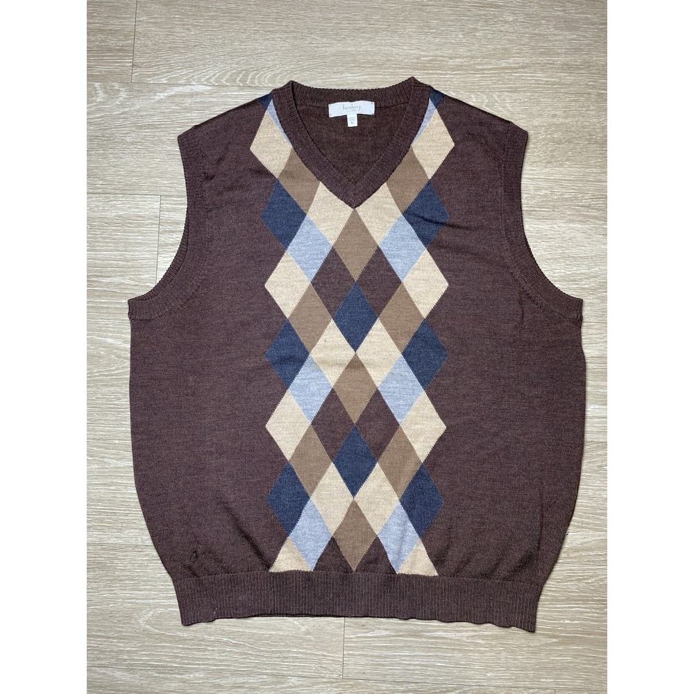 Men's‎ LARGE Turnberry Merino Wool Argyle Vest Sleeveless Brown V-Neck Timeless